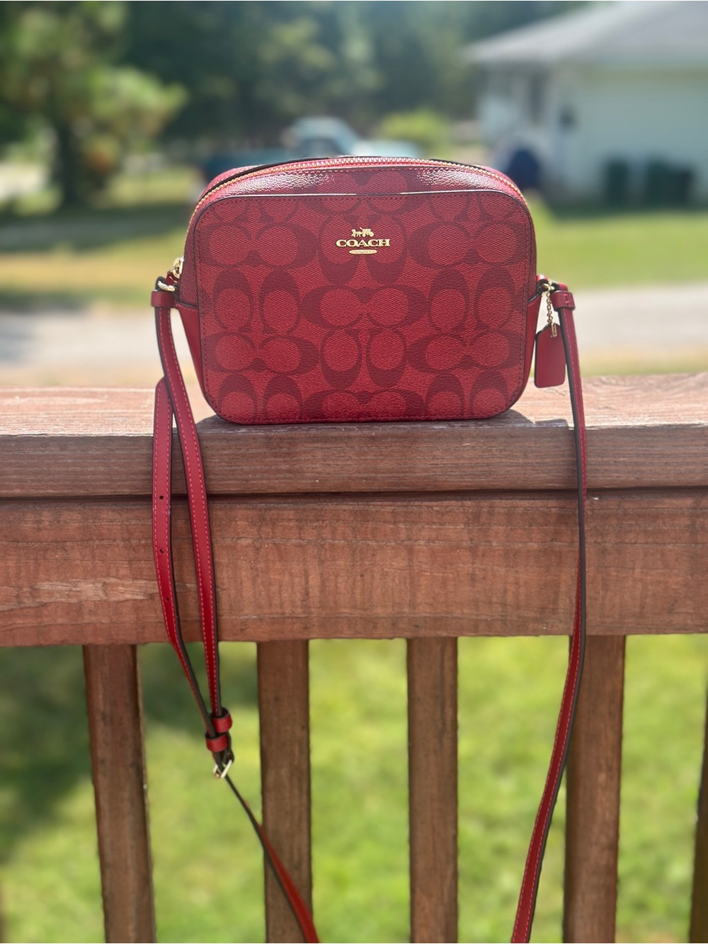 Coach Mini Camera Crossbody Signature Canvas Red/Burgundy
